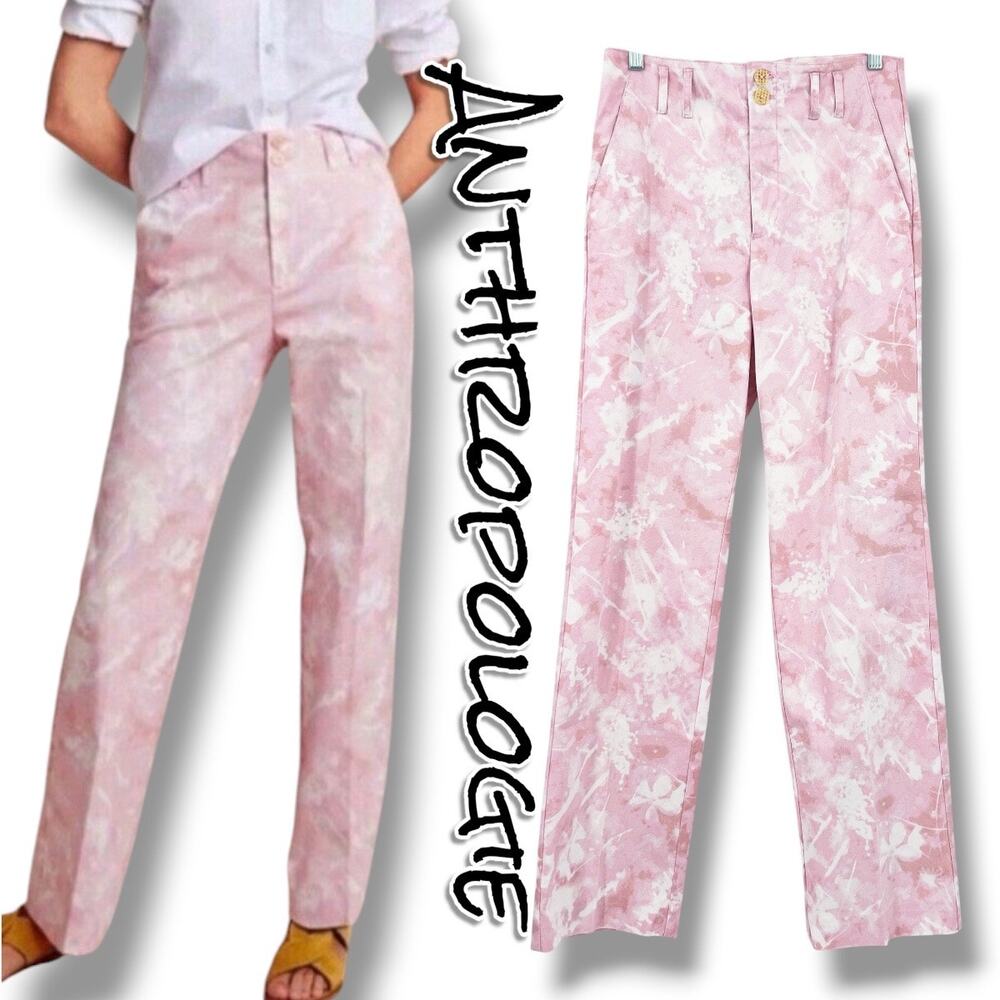 Anthropologie Jamie Pink Botanical Print Straight Leg Trouser Pants 4 Clean Girl